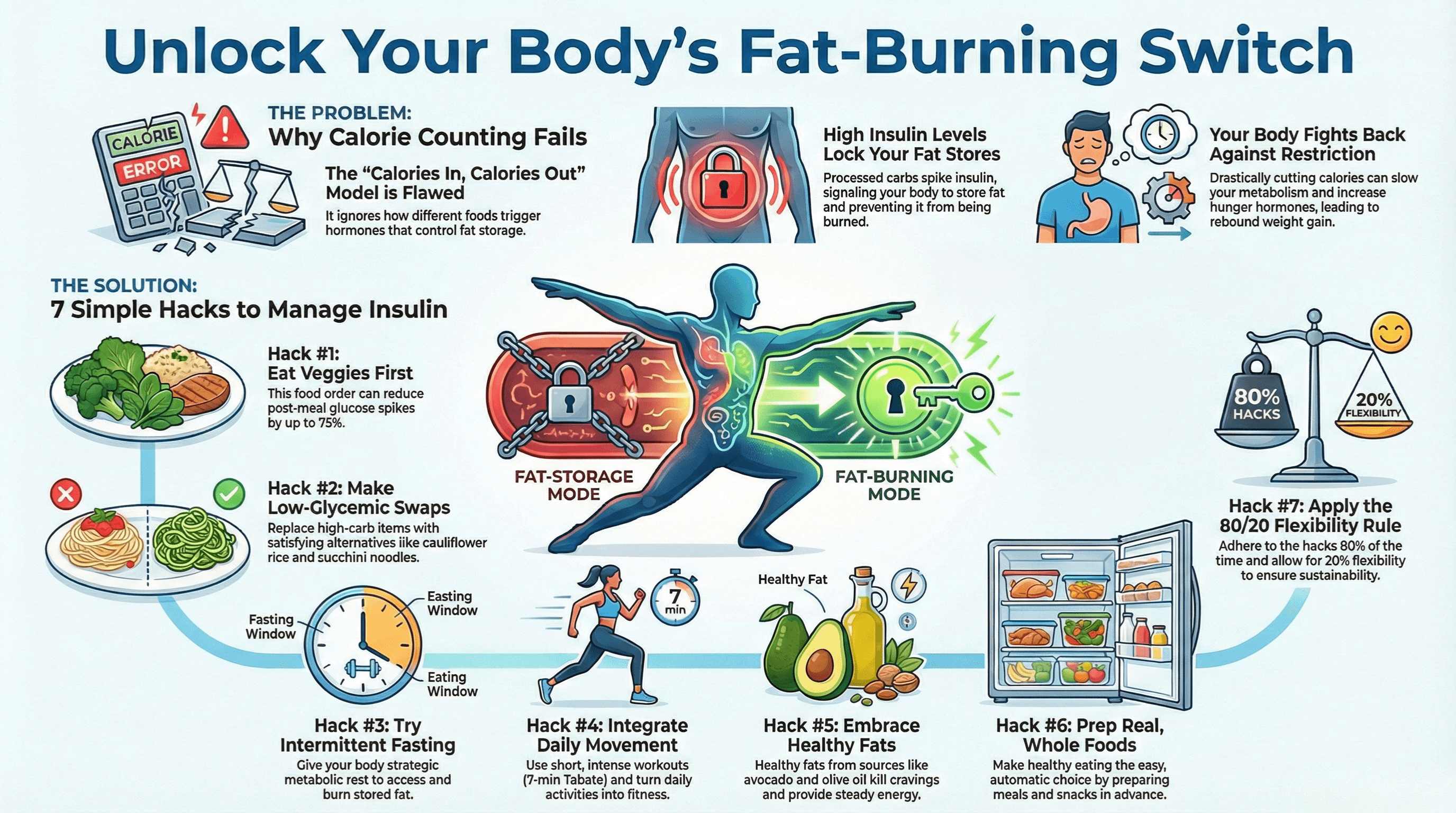 The Insulin Fix method at a glance: the metabolic switch from fat-storage mode to fat-burning mode, and the 7 hacks that flip it.